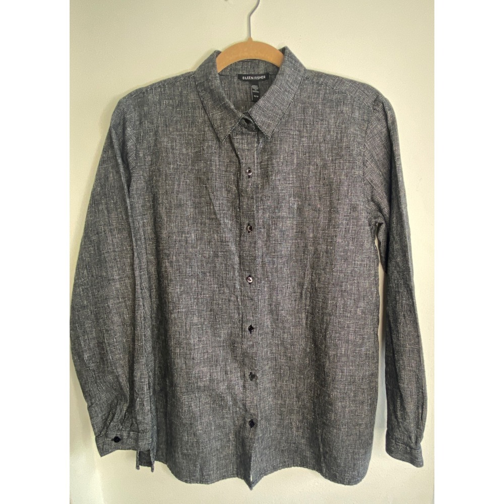 Eileen Fisher Hemp Organic Cotton Button Down Shirt XS Black White Micro Check